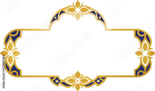 Decorative gold and blue ornamented frame with flourishes and floral elements on white background