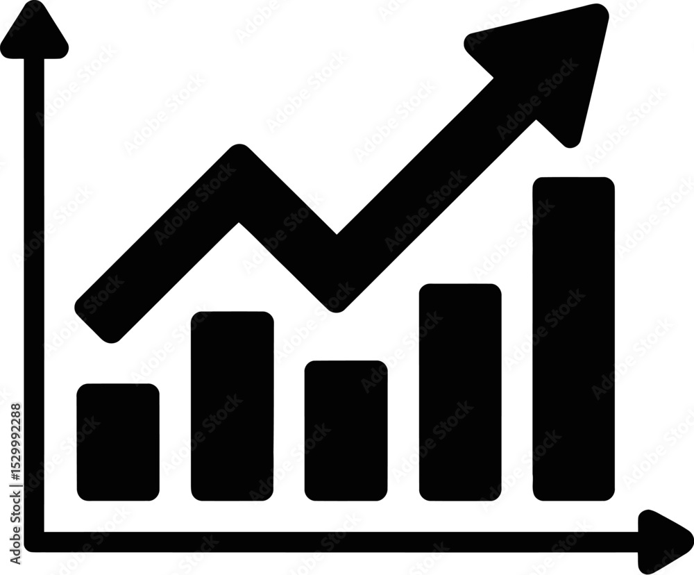 Black and white graphic showing an upward trending bar graph and arrow line Black and white graphic showing an upward trending bar graph and arrow line
