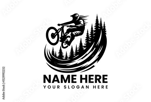 Black vector silhouette of mountain biker performing dangerous jump over rocky terrain with coniferous trees