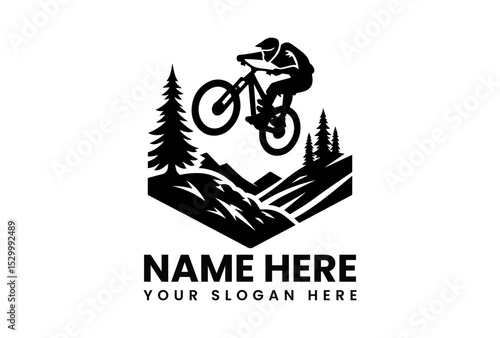 Black vector silhouette of mountain biker performing dangerous jump over rocky terrain with coniferous trees