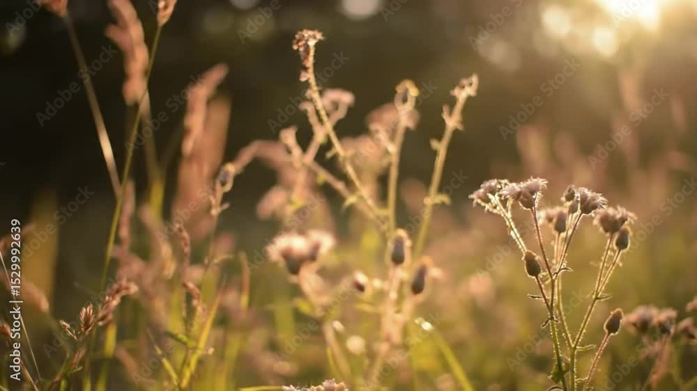 Close-up of tall grass and wildflowers swaying in the breeze, sun flares in background Close-up of tall grass and wildflowers swaying in the breeze, sun flares in background