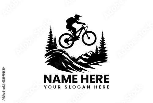 Dynamic black silhouette vector logo of extreme mountain biker jumping over rugged terrain with pine trees background
