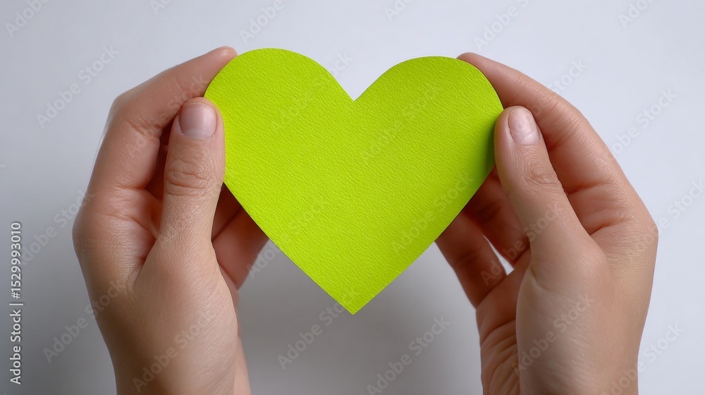 Fototapeta premium Hands Holding Green Heart Symbol for Lymphoma Awareness and Global Support Campaign