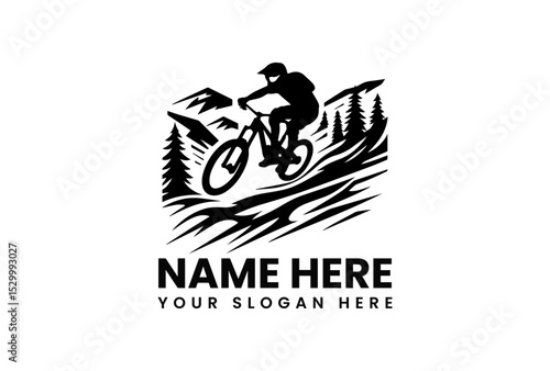 Dynamic black silhouette vector logo of extreme mountain biker jumping over rugged terrain with pine trees background