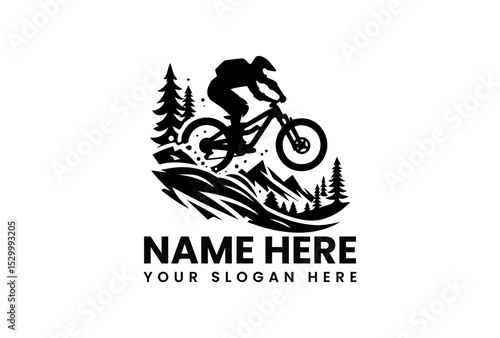 Dynamic black silhouette vector logo of extreme mountain biker jumping over rugged terrain with pine trees background