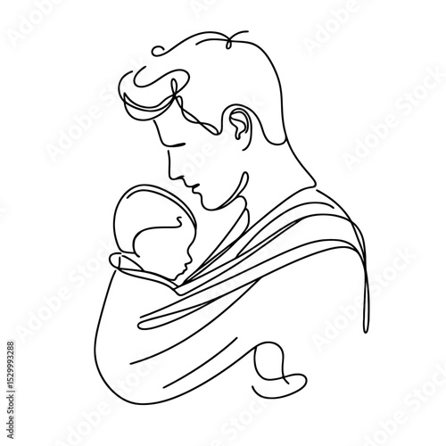 Line vector illustration of father holding and carrying baby in sling. Father's day, parenthood, paternity leave concept. Family love and care