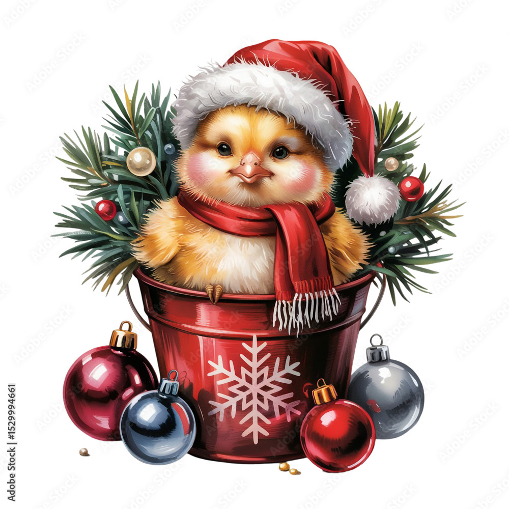A cute, fluffy chick wearing a Santa hat and red scarf nestles in a festive red bucket adorned with a snowflake design and surrounded by Christmas ornaments A cute, fluffy chick wearing a Santa hat and red scarf nestles in a festive red bucket adorned with a snowflake design and surrounded by Christmas ornaments