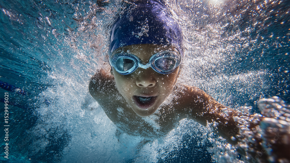 Naklejka premium 水面から勢いよく浮上する少年