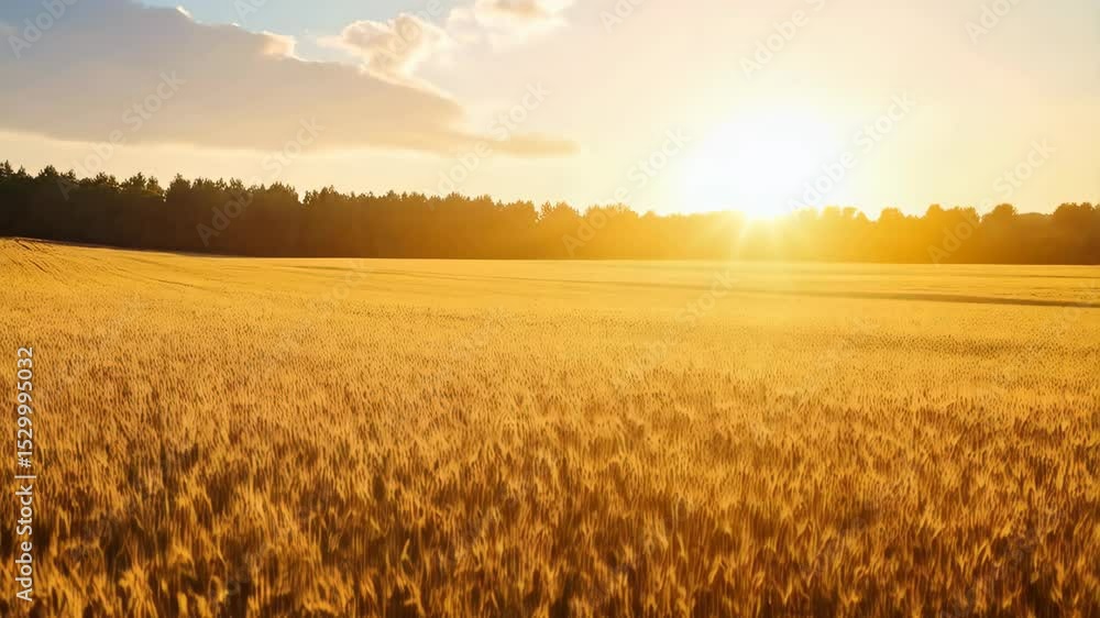 Golden wheat field at sunset with sun rays shining through ripe ears of grain and a forest edge on the horizon under a bright sky Golden wheat field at sunset with sun rays shining through ripe ears of grain and a forest edge on the horizon under a bright sky