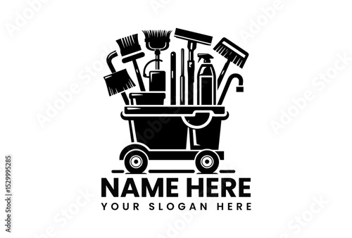 Modern black vector logo concept of industrial janitorial cart with complete cleaning tools and supplies