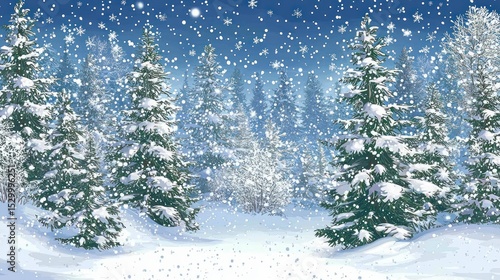 A serene winter scene depicts a snow-covered evergreen forest under a falling snow, creating a peaceful and idyllic atmosphere