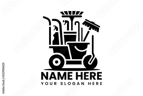 Modern black vector logo concept of industrial janitorial cart with complete cleaning tools and supplies