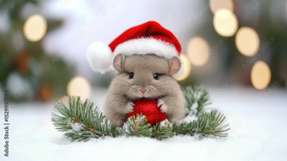 Cute hamster in Christmas hat holds red ornament among greenery Cute hamster in Christmas hat holds red ornament among greenery