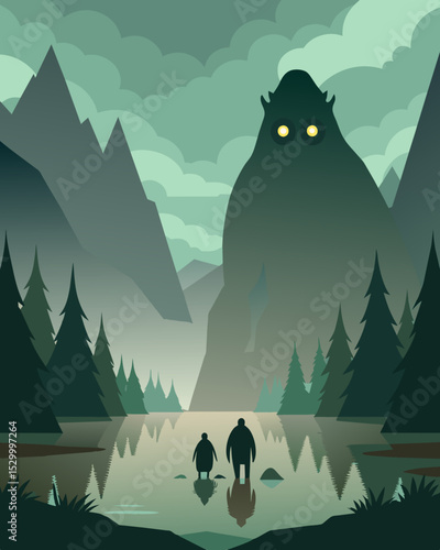 The shadows on a misty lake take the shape of trolls giving a sense of unease to anyone who passes by.. Vector illustration