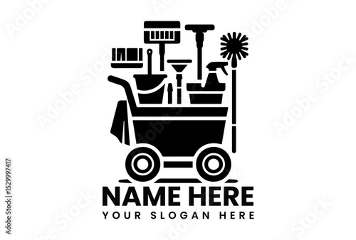 Comprehensive black vector logo of fully stocked janitorial cleaning cart with various professional tools