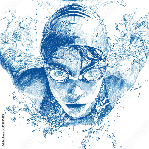 vector drawing of a swimmer underwater.Generative AI