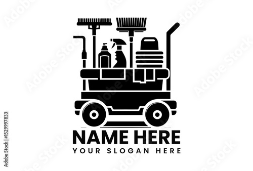 Comprehensive black vector logo of fully stocked janitorial cleaning cart with various professional tools