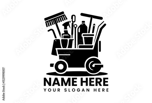 Detailed black vector silhouette of professional janitorial cart stocked with cleaning supplies and equipment