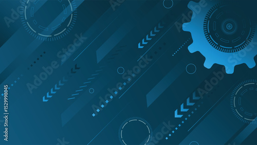 Abstract tech background featuring mechanical gear shapes, digital elements, and diagonal blue lines, ideal for themes of innovation, industry, automation, and engineering