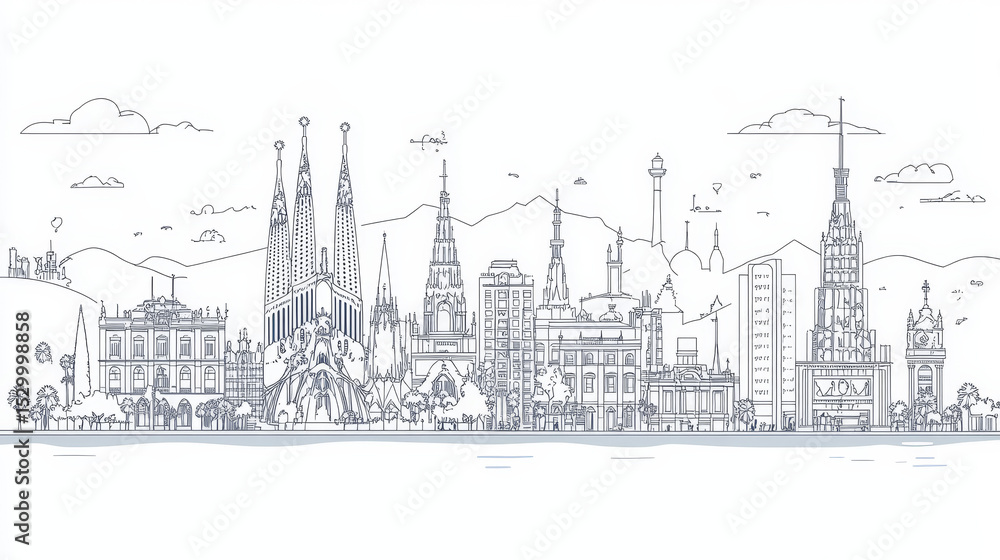 An outline illustration of Barcelona, Spain’s city skyline, featuring white buildings. This design highlights historic architecture and iconic landmarks, representing a business, travel An outline illustration of Barcelona, Spain’s city skyline, featuring white buildings. This design highlights historic architecture and iconic landmarks, representing a business, travel