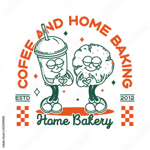 Bakery and coffee shop promo banner flyer signboard logo template. Retro cookie and coffe to go mascot