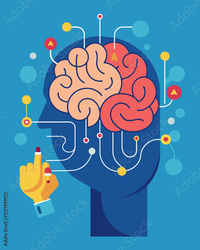 Fingers tracing intricate patterns on the surface of a brain as if drawing a map of thoughts and emotions.. Vector illustration