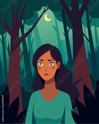 Even in the serene beauty of the forest she couldnt escape the uneasy feeling of being watched as if the trees themselves were silently accusing her of trespassing.. Vector illustration