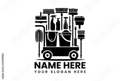 Detailed black vector silhouette of professional janitorial cart stocked with cleaning supplies and equipment