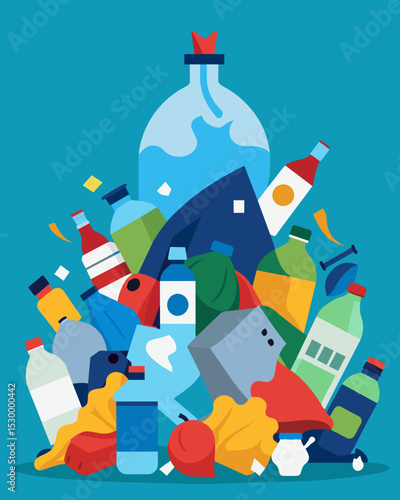 A jumbled and unsightly panorama with garbage bags plastic bottles and all manner of waste mixed and mashed together.. Vector illustration