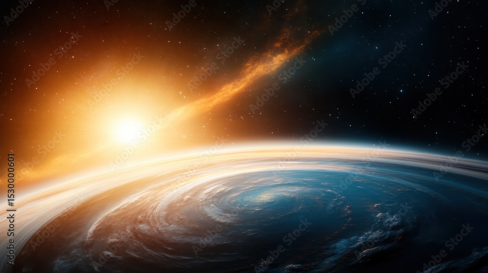 A stunning view of a planet illuminated by a radiant sun, showcasing the beauty of the cosmos and the intricate details of swirling clouds and colors in the universe. A stunning view of a planet illuminated by a radiant sun, showcasing the beauty of the cosmos and the intricate details of swirling clouds and colors in the universe.