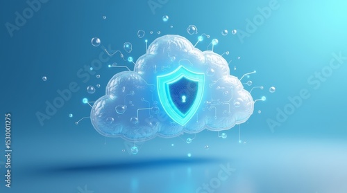 Clean isometric 3D illustration of stylized cloud platform hosting miniature castle lock. Pastel palette, floating grid elements, shield and key icons highlight cloud data protection and cybersecurity