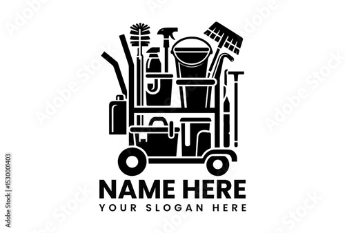 Comprehensive black vector logo of a janitorial cleaning cart filled with various supplies and tools. Cleaning service concept