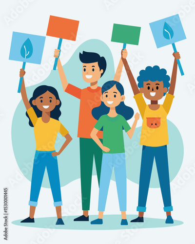 A group of volunteers carrying signs and shouting slogans to raise awareness for protecting local water sources.. Vector illustration