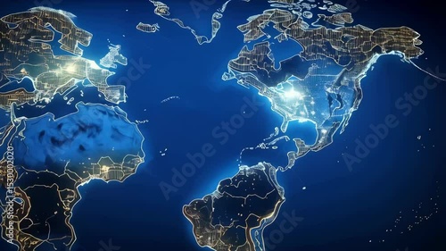 Intricate stylized world map illuminated with golden lights on a deep blue background representing global connectivity and technological advancement.