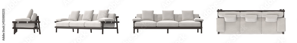 Fototapeta premium light velvet framed sofa multiple view isolated.
