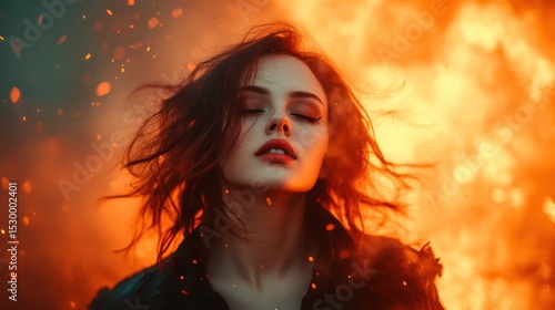 A captivating close-up of a woman with flowing hair amidst vibrant flames, evoking raw emotion and power, suggesting themes of rebirth and intensity in a dramatic setting.
