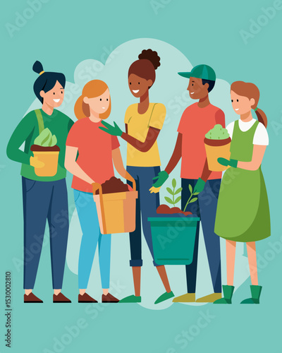 A group of neighbors coming together for a community composting event bringing their food scraps and yard waste to be composted together.. Vector illustration