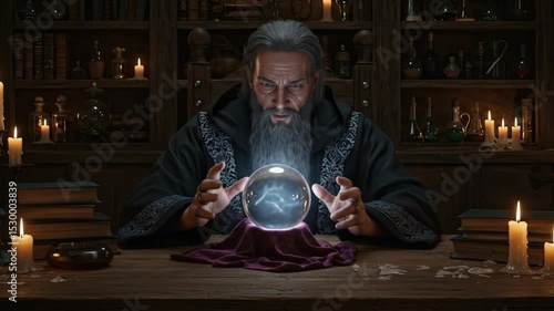 Wizard fortune teller reading crystal ball future telling magic sorcerer fantasy mystic prediction seer old man 100