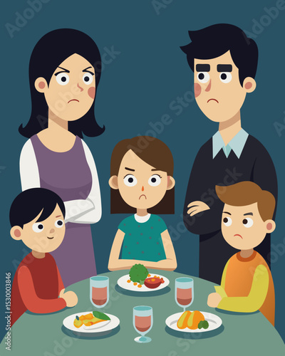 In the tense family dinner the siblings exchanged knowing looks their eyes silently accusing each other of causing their parents disappointment.. Vector illustration