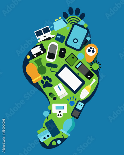 A footprint filled with images of electronic waste such as discarded phones computers and batteries showcasing the consequences of consumerism and technological advancement.. Vector illustration