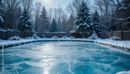 Frozen swimming pool in winter with cracked icy surface and snow-covered edges