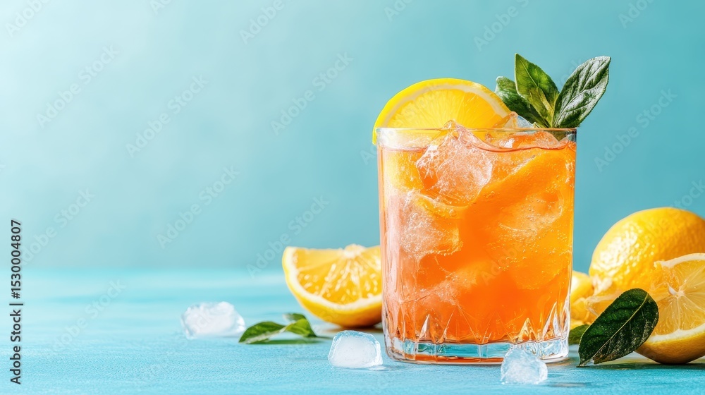 Fototapeta premium A refreshing glass of lemonade cocktail filled with ice, garnished with lemon slices and fresh leaves, evoking a sense of summer relaxation and delightful flavors.