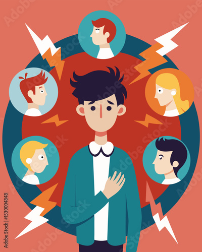 The person felt ped in a cycle of negativity constantly bombarded by the echoes of past criticism and putdowns.. Vector illustration
