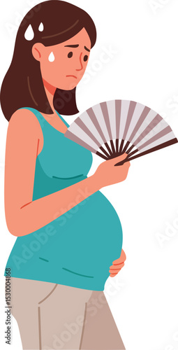 Pregnant woman feeling hot using handheld fan to cool down on a warm day vector illustration 