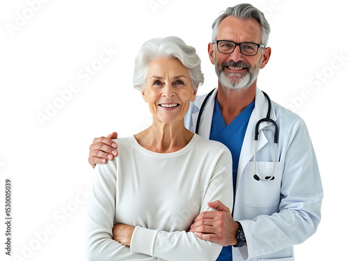 Elderly woman accompanied by male doctor, white background, professional studio lighting,people,woman,old