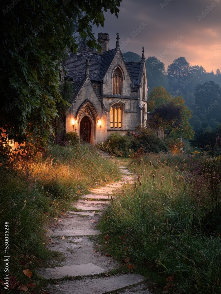 Obraz premium A stone pathway leads to a quaint gothic cottage at dusk.