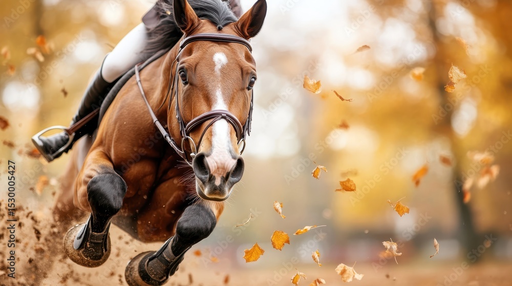 Obraz premium A majestic horse gallops energetically through a backdrop of colorful autumn leaves, capturing the thrill of equestrian sports and the beauty of the season.