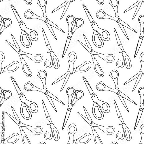 Seamless pattern of outline scissors for paper or sewing. Doodle background of hand-drawn stationery items. Vector background of sewing supplies for educational materials and Back to School theme