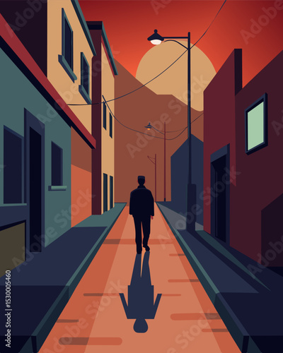 As they walked down the deserted street the figure couldnt shake the feeling of invisible eyes following their every move.. Vector illustration