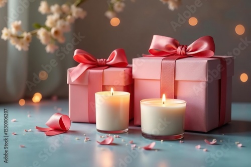Luxury gift boxes, candles, satin ribbon detail, stock, elegant, photography